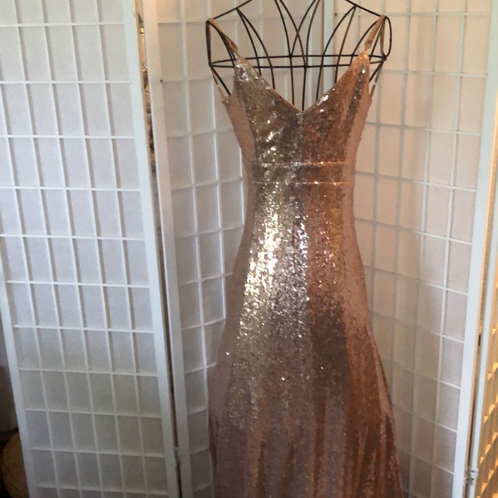 Rose Gold Metallic Sequin Long Halter Dress sz S